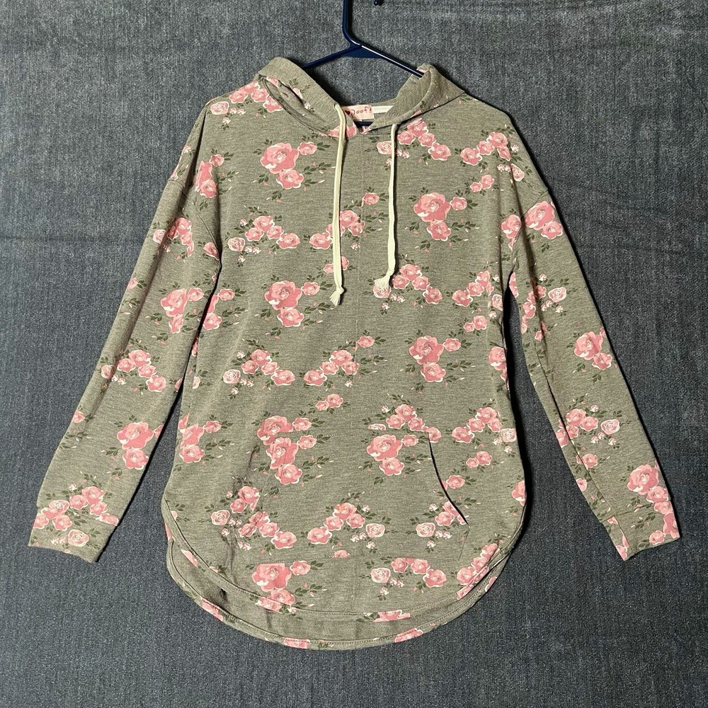 Poof! Womens M Gray Pink Floral Rose Hooded Pullover Hoodie Kangaroo Pocket